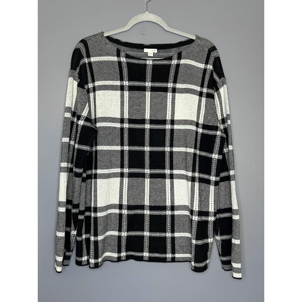 J Jill Sweater Womens Large Black White Plaid Pullover Long Sleeve Soft Knit Top